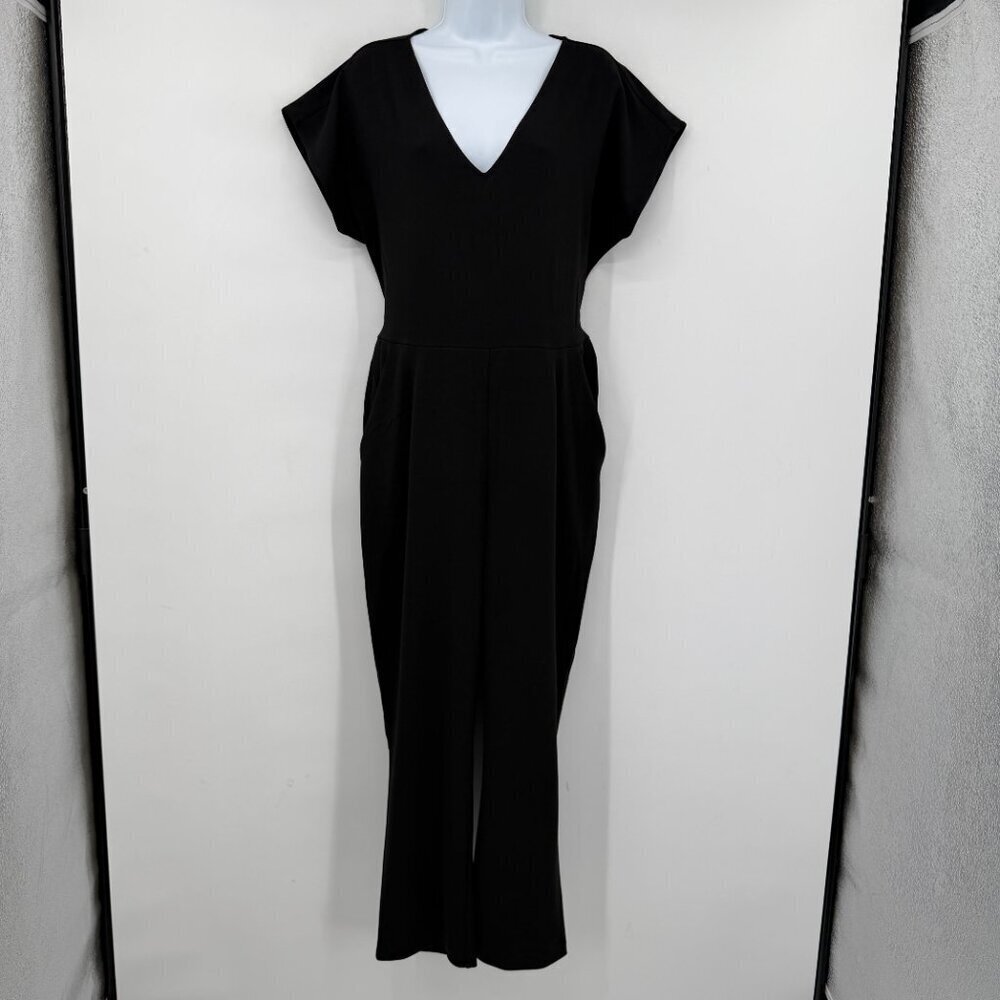 Express Black V-Neck Tie Waist Straight Leg Jumpsuit Cap Sleeve Cocktail L NWT